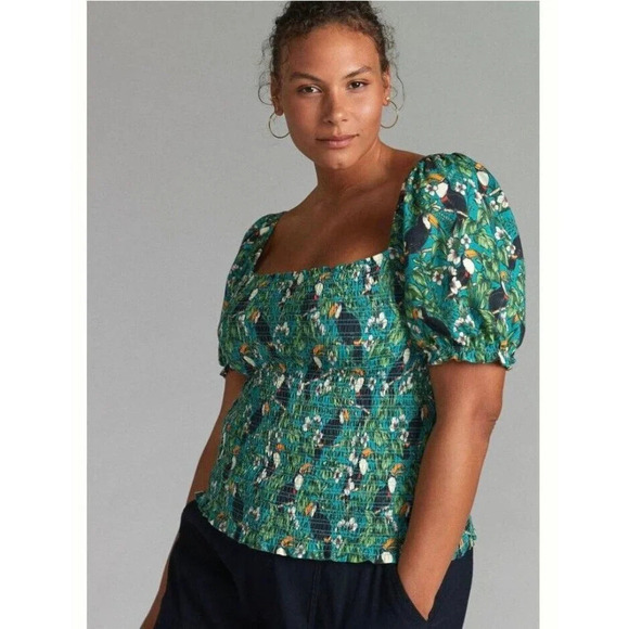 Dolan x Anthropologie M Green Left Coast Smocked Puff Sleeved Top Tropical Bird - Picture 5 of 15